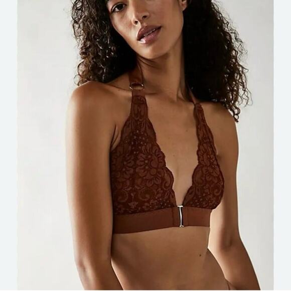We Are HAH Groupie Triangle Bralette Milk Chocolate Lace Halter Open Back Size S - Picture 1 of 15